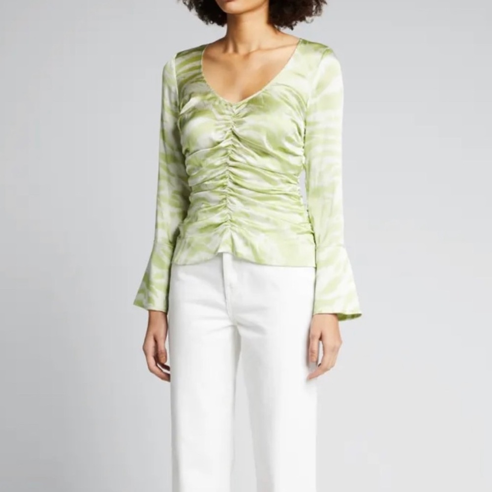 GANNI Ruched Zibra Print Silk Blend Top